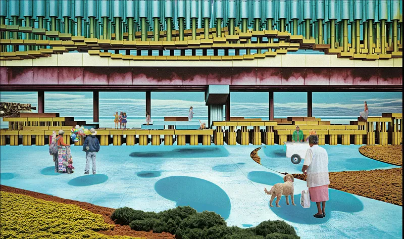 Daytime plaza scene: the green and turquoise pavilion stands over a blue-patterned floor where an older woman walks a dog pulling a small cart, residents stroll, and planted gardens edge the perimeter