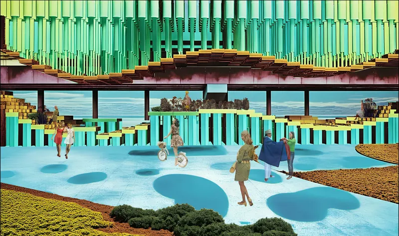 Active public life under the Nubé canopy: residents cycle, carry umbrellas and garments across the patterned plaza, showing how the pavilion reads as a civic room for everyday errands
