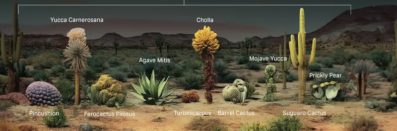 Desert flora catalogue arranged across a mountain panorama, labelling the native species the project treats as design material: Yucca Carnerosana, Cholla, Agave Mitis, Mojave Yucca, Prickly Pear, Pincushion, Ferocactus Pilosus, Turbinicarpus, Barrel Cactus, and Suguaro Cactus