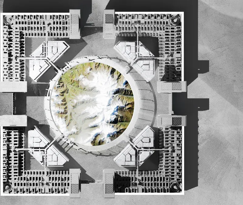 Top-down plan of the fortress city showing symmetrical residential wings around a central ecological dome