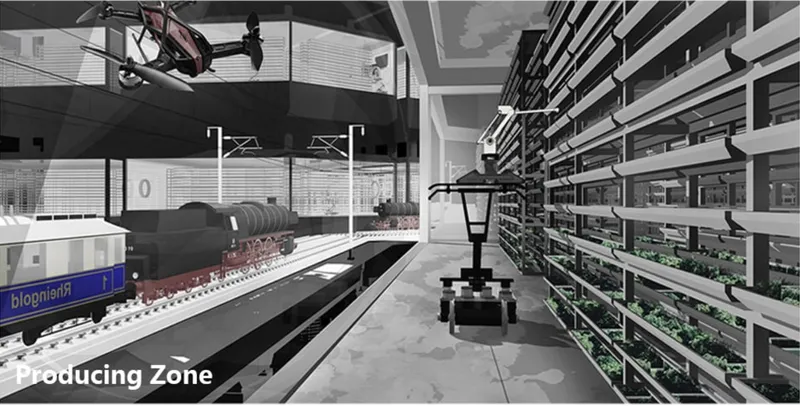 Producing Zone interior with vertical farm racks, automated robots, rail transport, and drone logistics