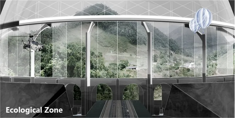 Ecological Zone with glass-walled biodome enclosing a mountain landscape, elevated walkways, and hot air balloons