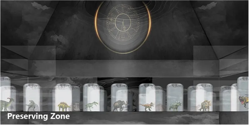 Preserving Zone with specimen cylinders housing preserved animal species beneath a vaulted ceiling