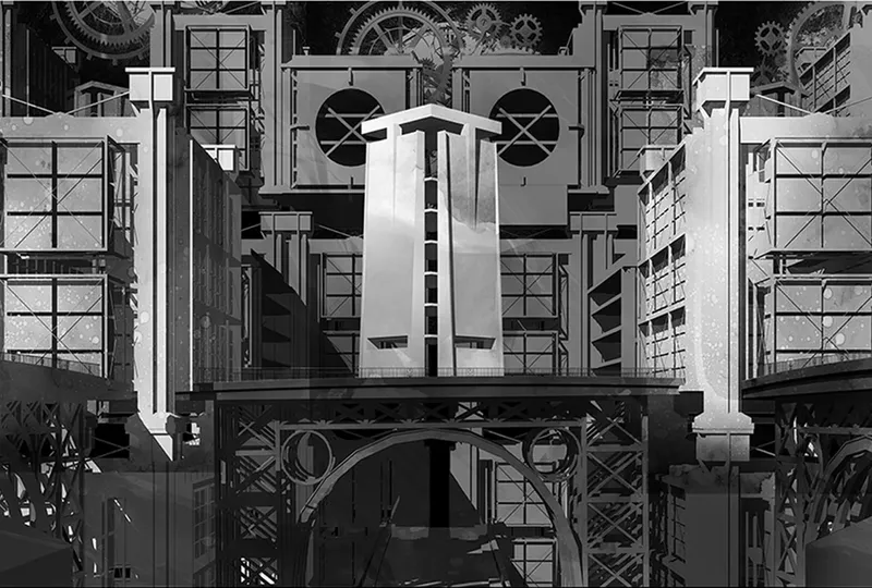 Interior elevation of the industrial and mechanical core with gears, bridges, and multi-level production infrastructure