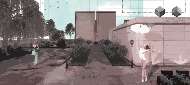 Rendered view of paved pathway flanked by planted beds leading toward pink stone volumes and glass facade