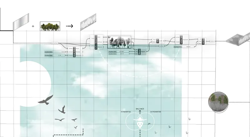 Section drawing showing layered transparency with trees suspended above reflecting water and flying birds