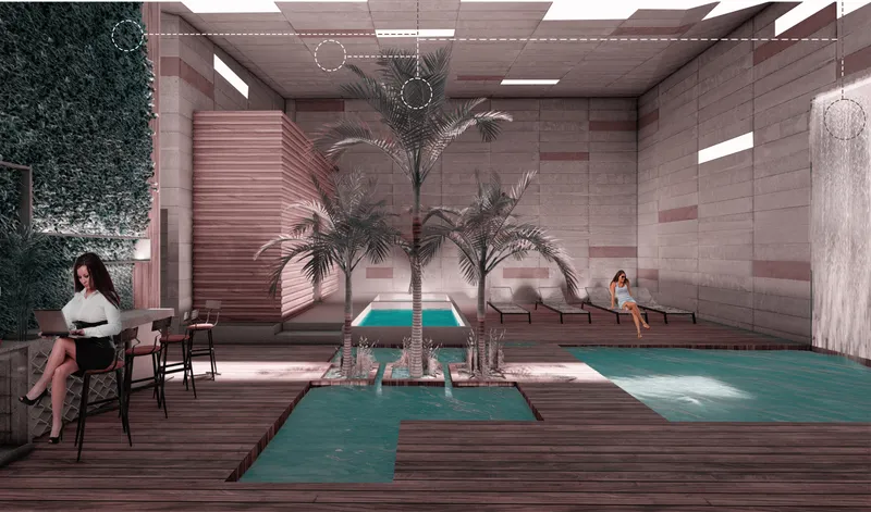 Interior pool courtyard with timber decking, palm trees and horizontal striped stone walls under clerestory light