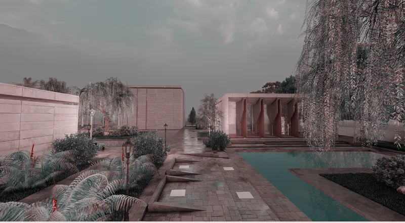 Exterior courtyard with stepped paving, reflecting pool and pink stone pavilions under weeping willows and grey sky