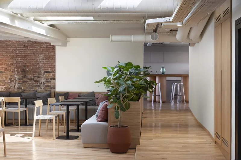 After: open office with exposed brick wall, oak floors, fiddle-leaf fig in terracotta planter, grey kitchen beyond