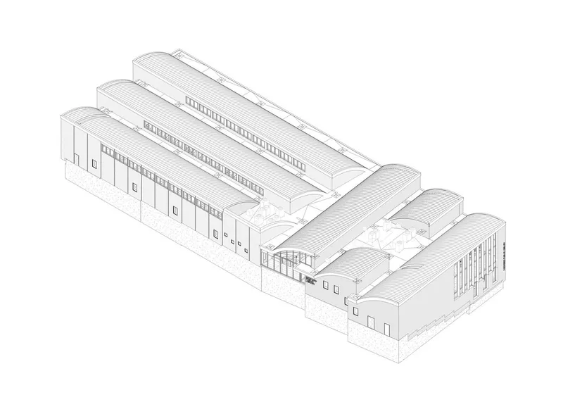 Axonometric drawing showing two parallel volumes with barrel vault roofs connected by a glazed central link