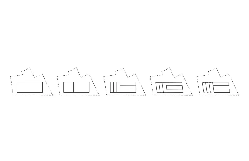 Diagram showing five sequential phases of the building's spatial subdivision and vault configuration