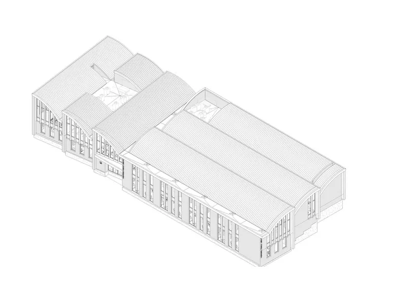 Axonometric drawing of the building from the opposite angle revealing the fenestration pattern and roof topology
