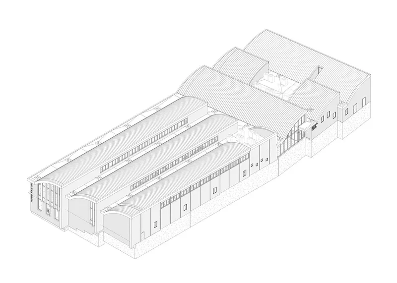 Axonometric drawing showing the building volumes with curved roofs and clerestory openings