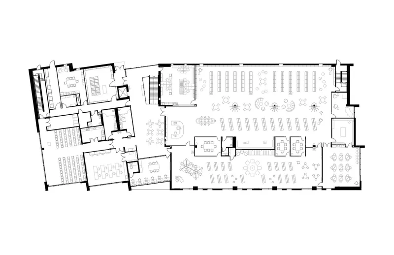 Floor plan drawing showing a mix of library seating, collaborative zones, and enclosed support rooms