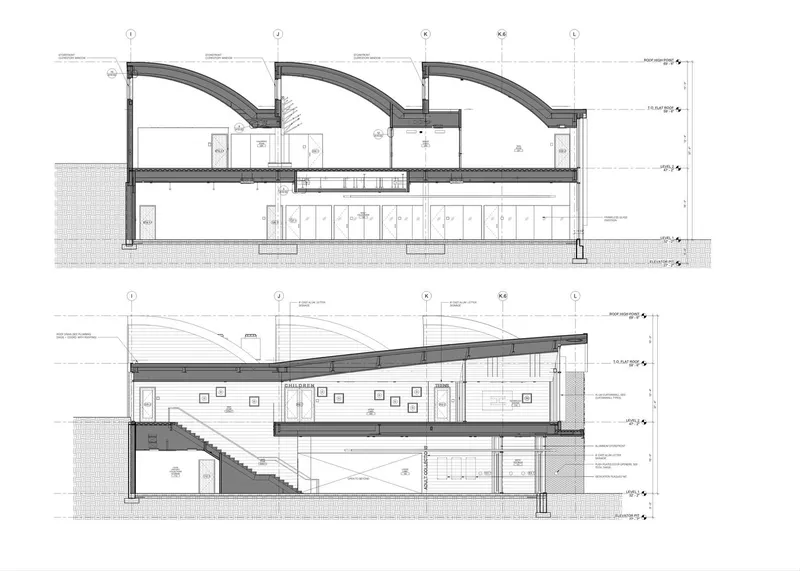 Section drawings showing the curved roof shells over a linear interior space with a central staircase
