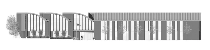 Elevation drawing depicting three arched bays with glazing and a vertical panel facade with silhouette trees