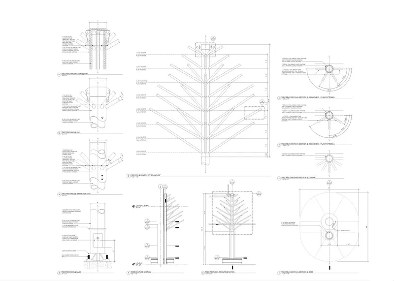 Construction detail drawings showing column assemblies, roof connections, and plan views with annotations