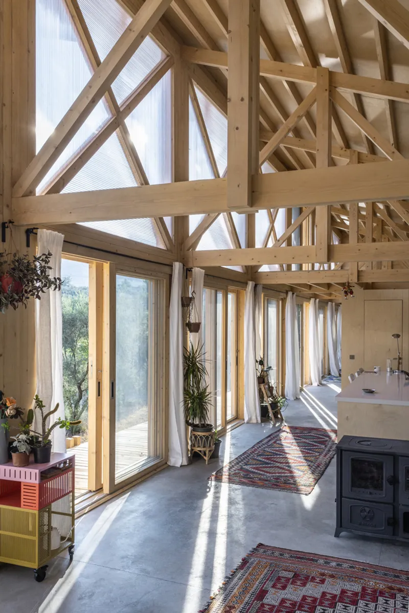Interior corridor with diagonal timber bracing overhead and sunlight streaming through glazed doors