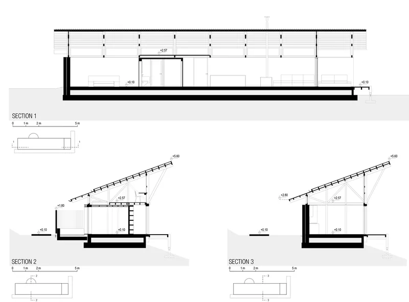 Section drawings showing sloped roof structure and interior spatial relationships at multiple cuts through the building