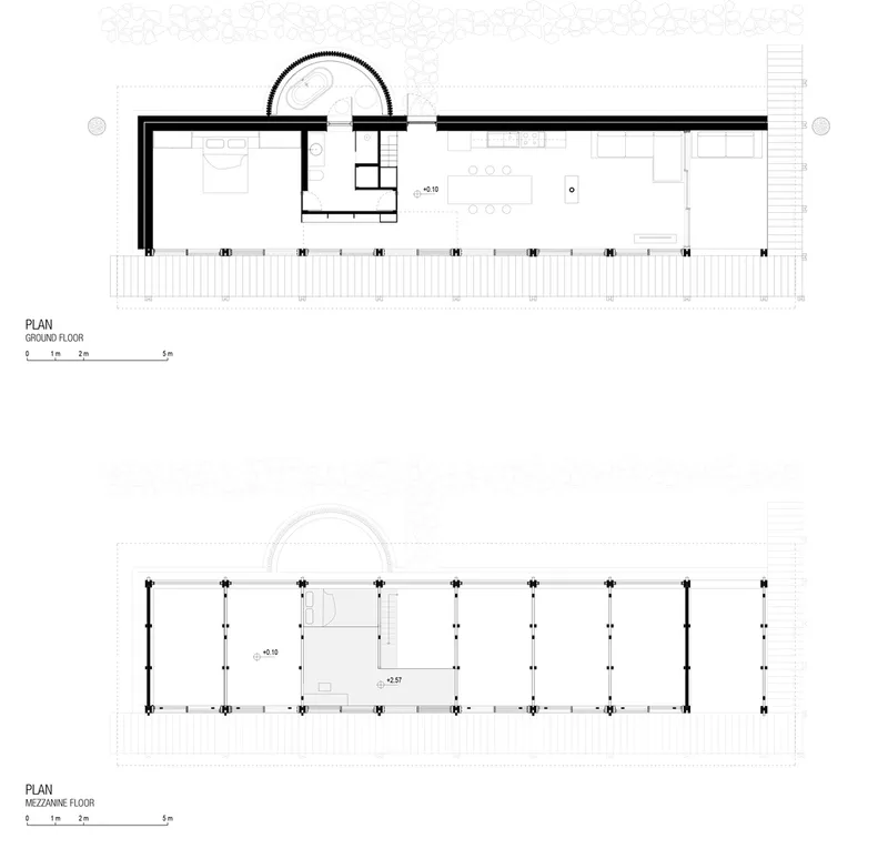 Ground floor and mezzanine floor plan drawings showing linear layout with structural grid