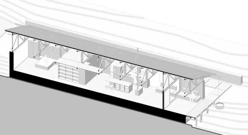 Sectional drawing showing the sloped roof structure with exposed trusses over an open interior layout