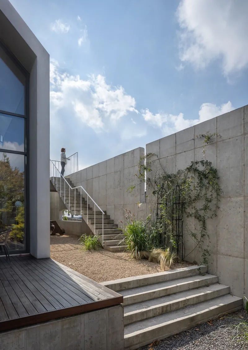 Exterior staircase with metal handrail ascending between board-formed concrete walls with climbing vines