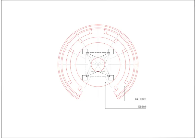 Plan drawing of tower: circular membrane footprint around the existing tower, curved amphitheatre seating, concrete steps