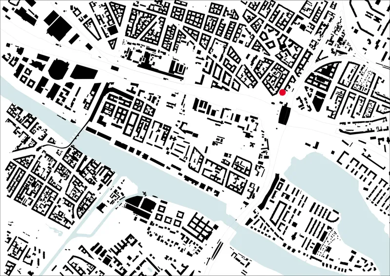 Site plan drawing showing urban fabric with a river and a single building marked in red