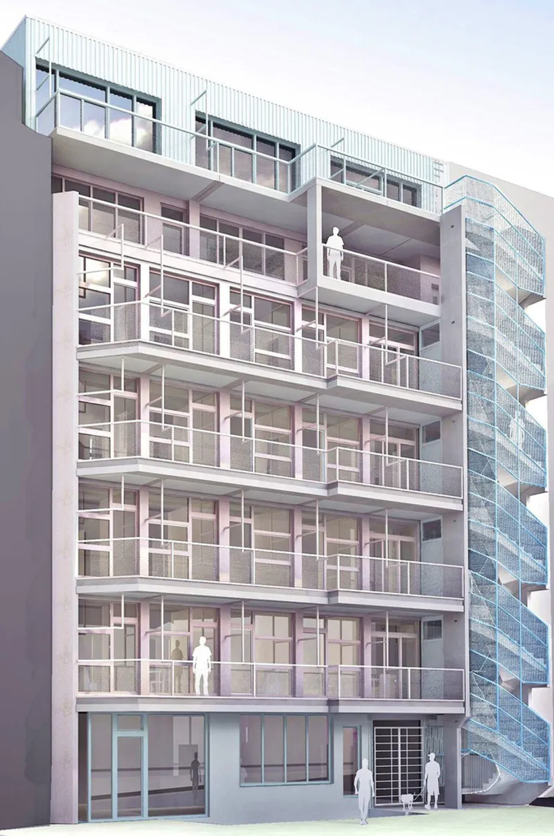 Physical model of a facade showing stacked balconies with glazed screens and corrugated metal penthouse