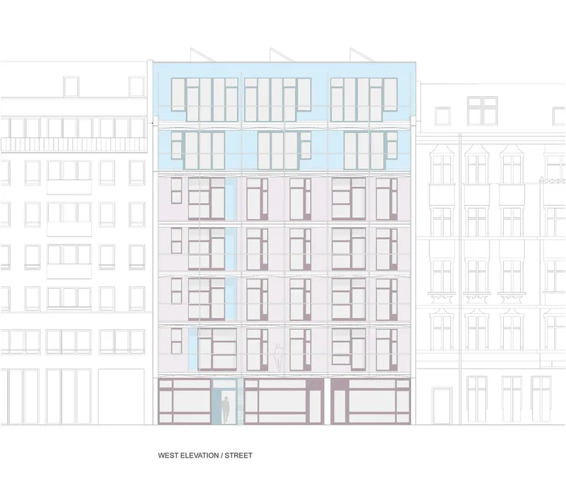 West elevation drawing of the street facade flanked by neighboring building outlines