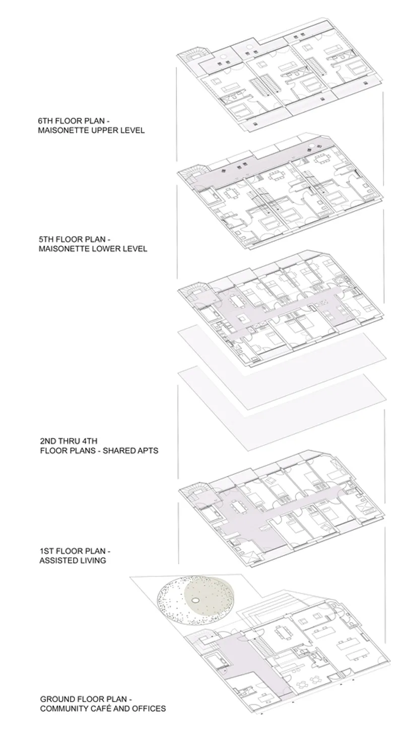 Exploded axonometric drawing showing six floor plans stacked from ground level to upper maisonettes