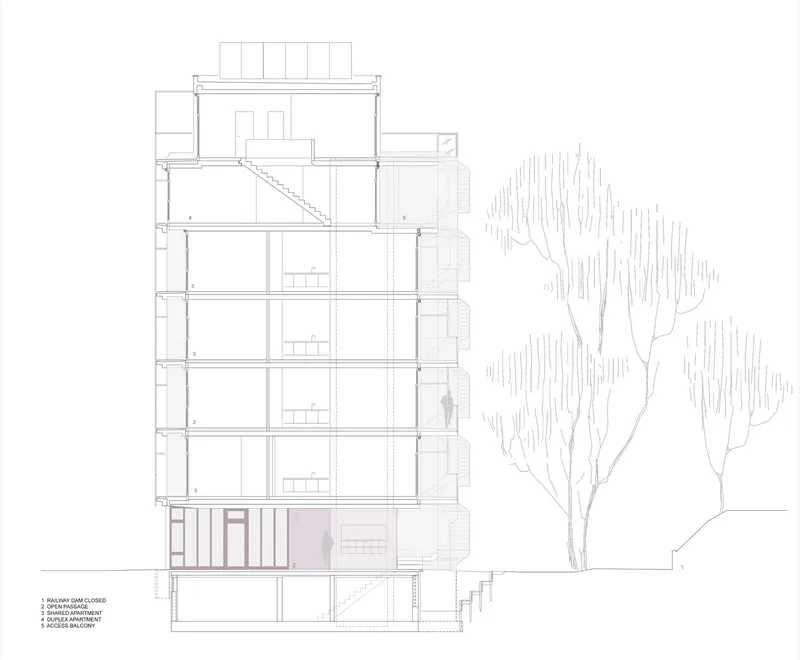 Section drawing revealing six floors with central staircase and a tree sketched to the right