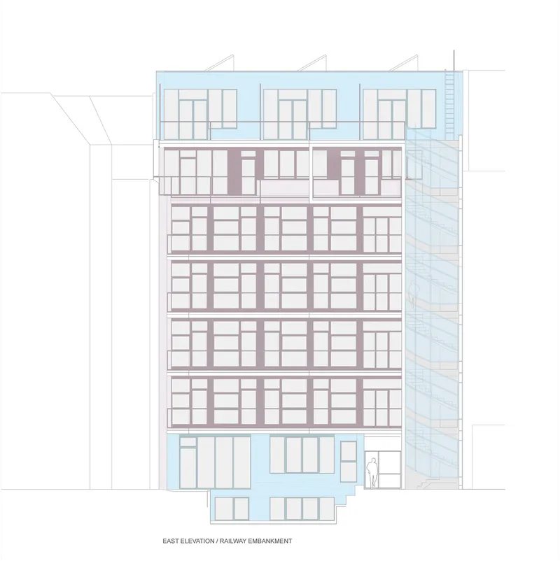 East elevation drawing showing the facade facing the railway embankment with a figure at entry