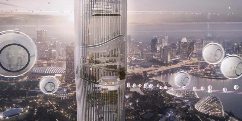 Magnet tower rising above a coastal city skyline with vertical gardens, green terraces, and floating magnetic transport pods connecting to adjacent structures