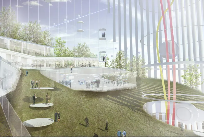 Interior sky garden with a grassed slope, reflecting pool, mature trees, and coloured structural pylons inside the tower's glass shell
