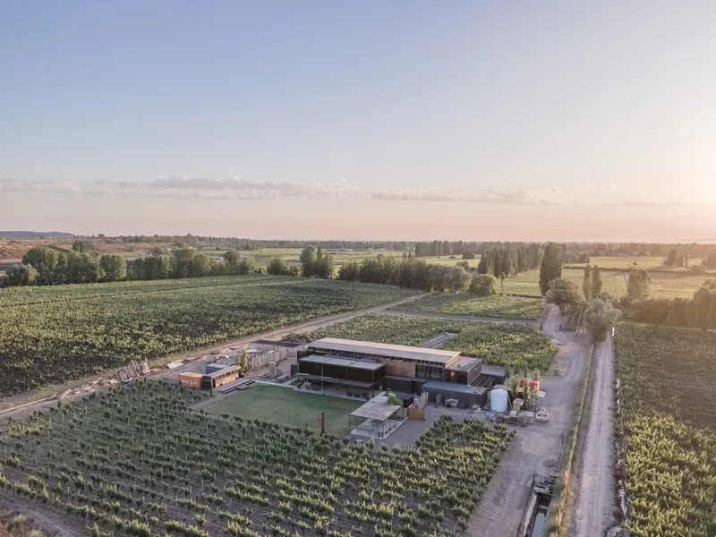 Distant aerial view of low horizontal winery building centered in vineyard landscape at sunset