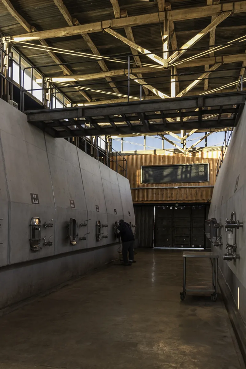 Interior production space with exposed timber trusses, concrete walls and wine fermentation tanks under natural light