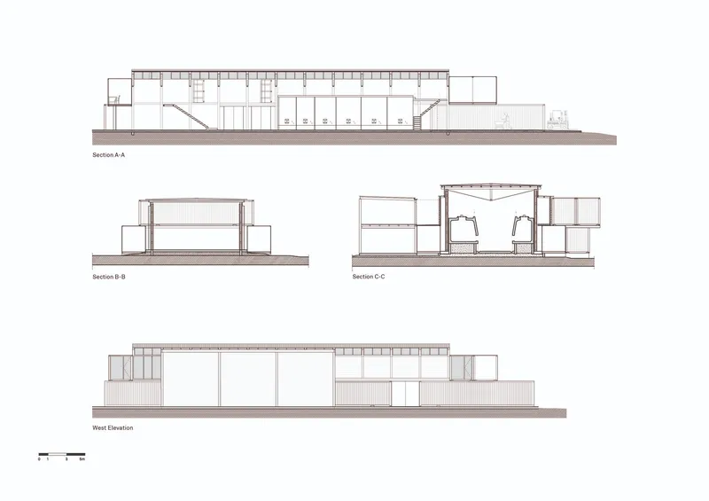 Section and elevation drawings showing building profile with gabled volumes