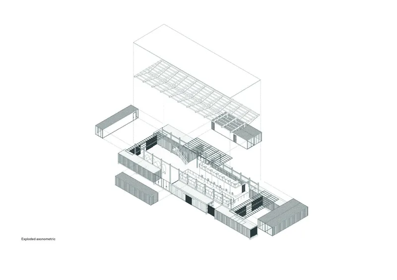 Exploded axonometric drawing showing a roof volume separated from multi-level interior spaces and service blocks
