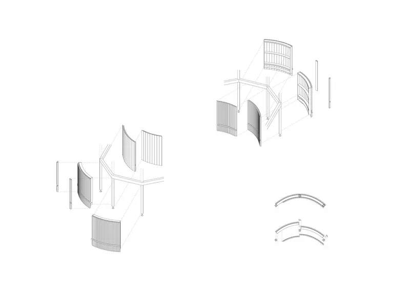 Axonometric drawing of curved wall panel assemblies with vertical slats in various configurations