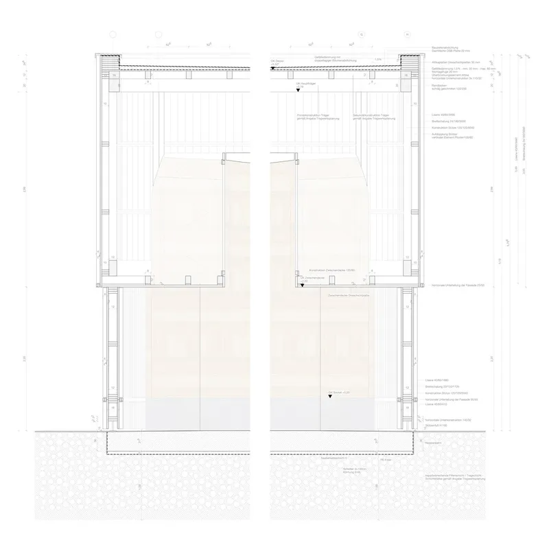 Wall section drawing detailing the connection between vertical timber cladding and the foundation below