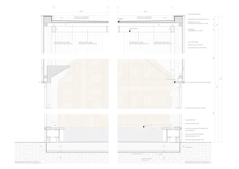 Wall section drawing showing the junction of curved interior walls with ceiling and foundation systems