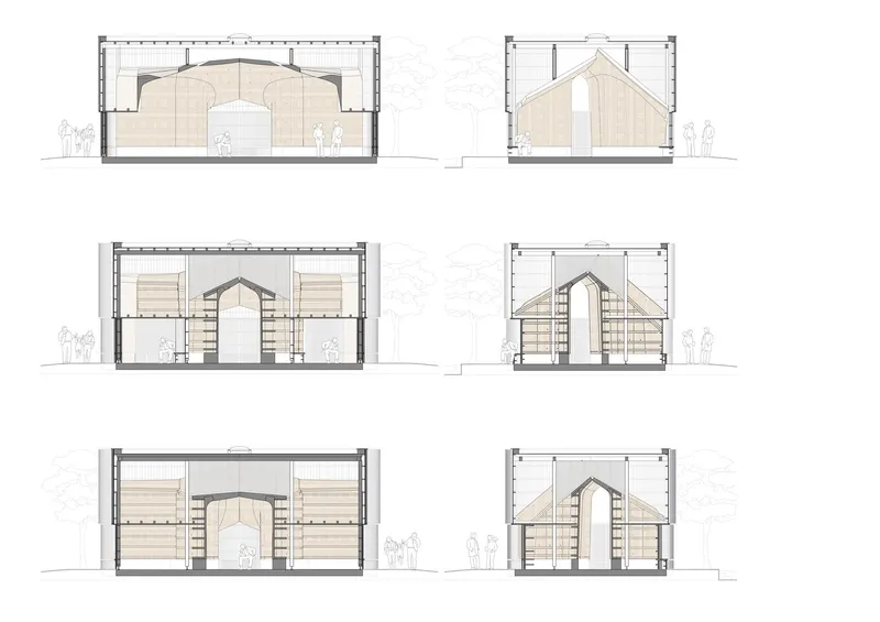 Section drawings revealing the curved roof volumes, internal house form, and timber paneling with scale figures