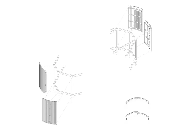 Axonometric drawing illustrating the assembly of curved screening panels with structural supports and arced components
