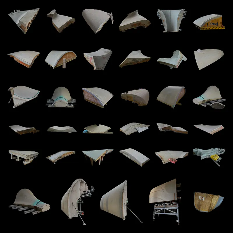 Grid of physical models showing curving concrete shell roof forms from multiple angles