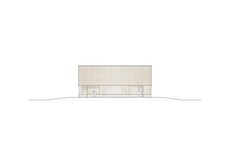Elevation drawing of the low horizontal facade with vertical timber cladding and two human figures