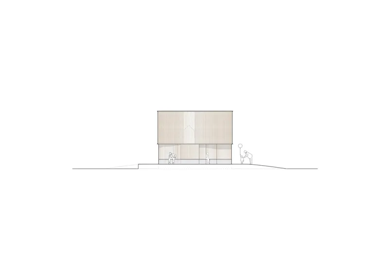 Elevation drawing showing a two-story volume with vertical timber cladding and figures for scale