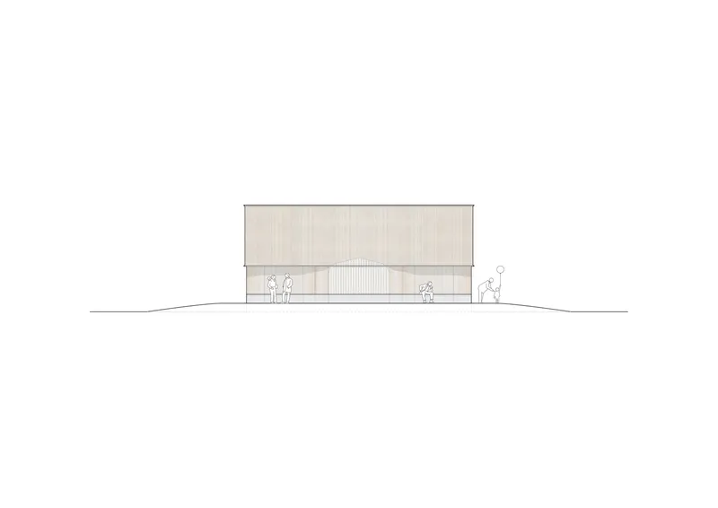 Elevation drawing depicting a recessed ground floor with glazing beneath a timber-clad upper volume
