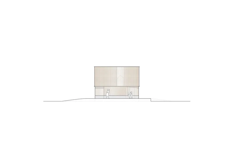 Elevation drawing of the timber-clad facade with a central vertical window slot