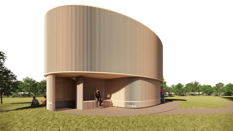 Entry portico carved into the cylindrical base with timber bench and vertical screen dividing the space